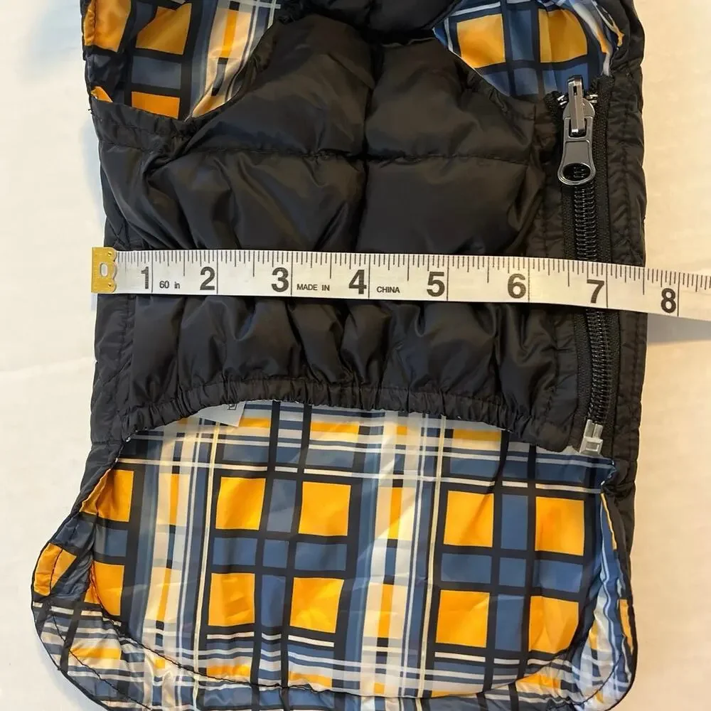 NWT Queeice Dog Puffer Vest Size Small Black Yellow Checked 2 Sided Zipper